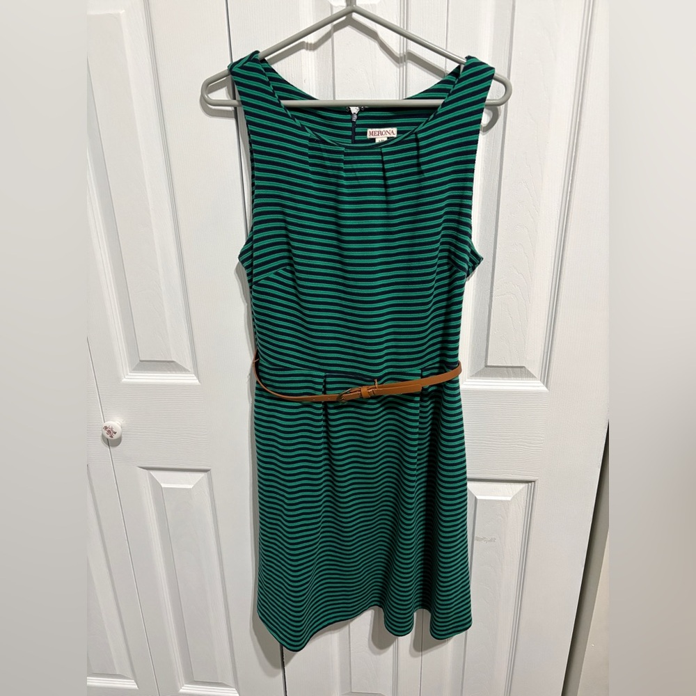 Merona Teal Striped Midi Dress with Tan Belt